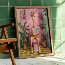 1pc Modern Canvas Wall Art Decor, Animal Poster, Fun Animal Theme, Cute Giraffe Reading Newspaper In Bathroom, Bathroom/Toilet Decor, Framed Or Unframed, Bathroom Wall Decor Gift - A - View 4