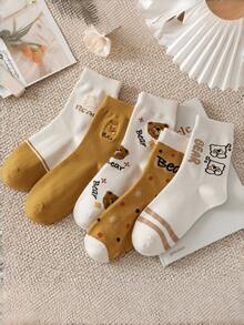 1/5 Pairs Women's Mid-Calf Socks, Teddy Bear Pattern, Cute Style, Suitable For Daily Wear, Travel And School - Multicolor - View 3
