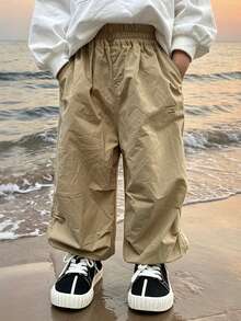 Boys' Toddler Summer Cotton Wide Leg Long Pants With Cuffed Hem, Casual Trousers Suitable For Summer Wear - Khaki - View 3