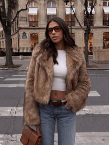 Women's Winter New Vintage Luxury Fashion Elegant Faux Fur Collar Coat - Brown - View 2