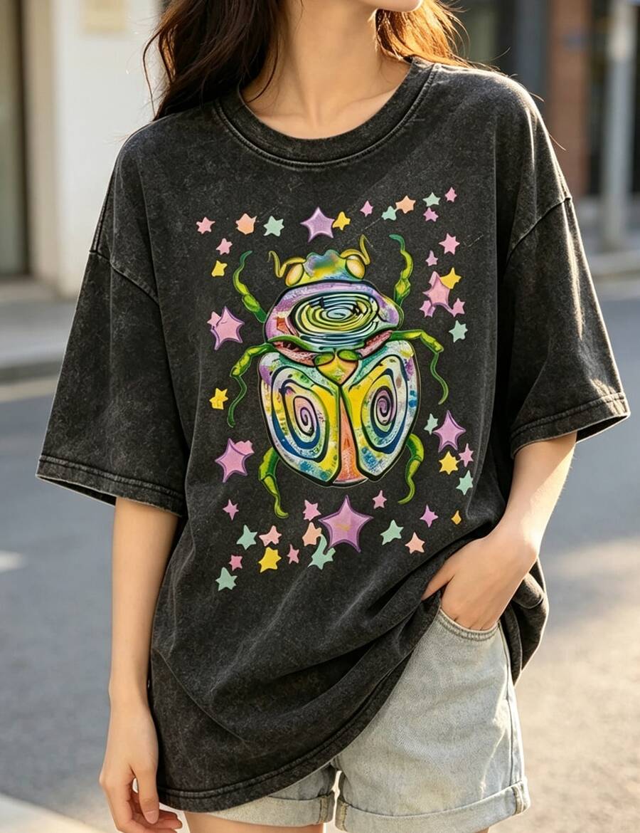 CottonWashable T-Shirt-Colorful Beetle Party Printed T-Shirt,Perfect For Everyday Wear,Gifts For Father'S Day-Summer Tops-New Summer Outfits For Women - 黑色1 - 查看 1