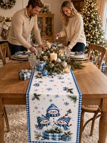 1pc-Christmas Table Runner Blue Snowman Winter Holiday Decor, Buffalo Plaid Snowflake Table Runner For Dining Table, Farmhouse Xmas Table Linen, Rustic Christmas Centerpiece Runner For Kitchen, Coffee Table, Party Decoration, Holiday Home Decor - Multicolor - View 9