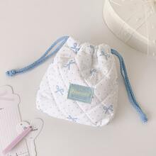 1pc Bow Polka Dot Quilted Drawstring Storage Bag, Soft Cotton Portable Cosmetic Makeup Pouch, Sweet Pastel Color Small Organizer Bag, Multi-Use Camera Jewelry Sundries Carry Bag For Travel Daily Girl Accessories Storage, Back To School - Storage Bag - View 10