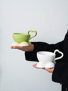 1pc Heart Handle Ceramic Coffee Cup With Flower Saucer 160ml(5.41 Fl Oz), Irregular Slant Latte Mug, Aesthetic Porcelain Tea Cup, Household Tableware For Daily Use & Friends Gathering - Multicolor - View 7
