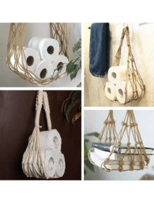 2Pcs/Set Wall Mounted Toilet Paper Storage Rack Hanging Mesh Bag Organizer Bohemian Style Handmade Cotton Rope Net Bag Paper Roll Holder Suitable For Home Bedroom Bathroom Living Room - Multicolor - View 8