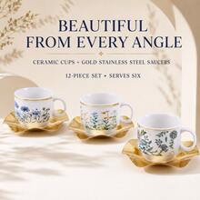 12-Piece Vintage Floral Ceramic Cup Set, 6 Floral Print Porcelain Mugs With 6 Gold Wavy Metal Cup Holders, Elegant Gold-Rimmed Tea Cups Coffee Cups, Afternoon Tea Table Decor Service Set, Suitable For 6 People - White - View 9