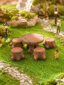 Mini Tree Stump Table And Stool Set 5pcs, Rustic Forest Style Miniature Furniture Decor, Natural Wood Grain Fairy Garden Accessories, Mini Forest Scene Display, Suitable For Desktop, Bookshelf, Home Decor And DIY Micro Landscape - Multicolor - View 4