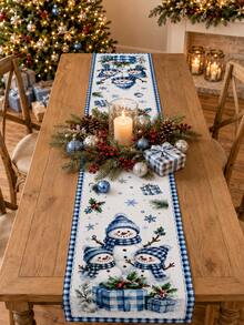 1pc-Christmas Table Runner Blue Snowman Winter Holiday Decor, Buffalo Plaid Snowflake Table Runner For Dining Table, Farmhouse Xmas Table Linen, Rustic Christmas Centerpiece Runner For Kitchen, Coffee Table, Party Decoration, Holiday Home Decor - Multicolor - View 4