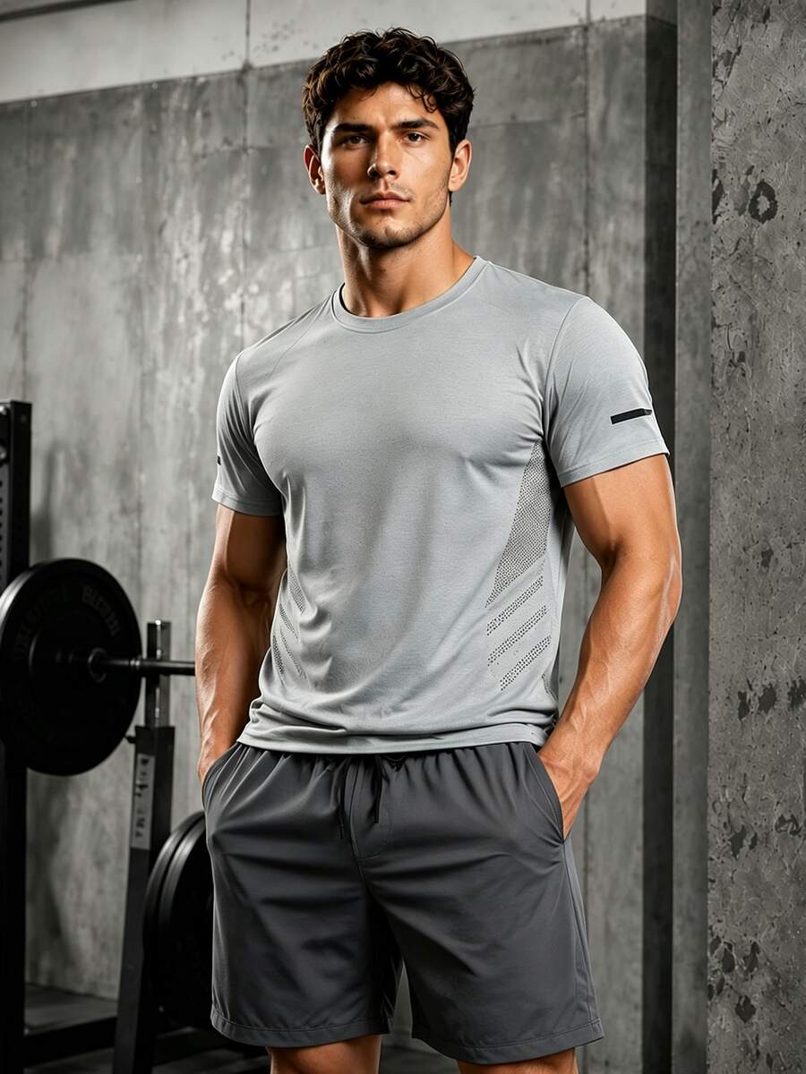 Men's Summer Ice-Cooling Elastic Ice Silk Short Sleeve Top And Quick-Dry Sports Shorts Set, Gym Sets - Grey - View 1