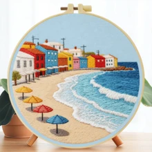 1PC 20*20cm/7.9*7.9in,Houses On Islands Embroidery Kit, DIY Handmade Embroidery Set For Adult Beginners, Home Gift, Women's Sewing Gift, Including User Manual, Printed Pattern Fabric, Embroidery Frame, Needle And Thread. - Seaside Town - View 13