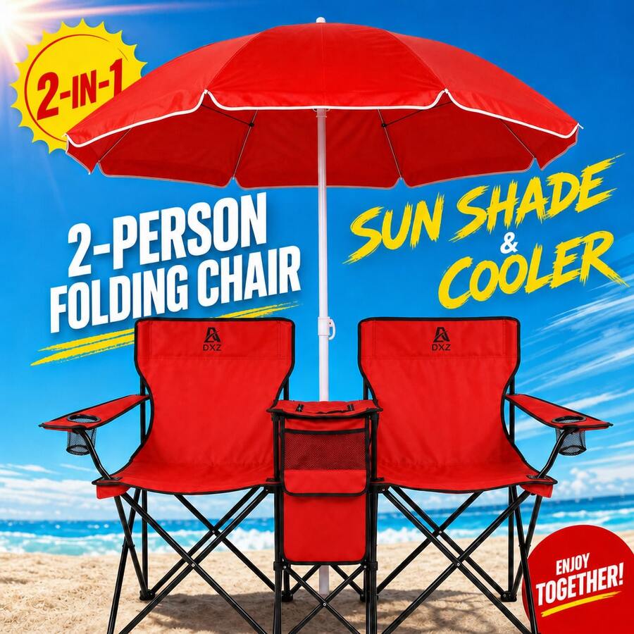Aoran 2 Person Camping Chair With Umbrella, Portable Folding Loveseat Beach Chair, Outdoor Double Seat Chair With Cooler Bag, Storage Pocket And Cup Holders, Removable Shade Canopy Chair - Multicolor - View 1