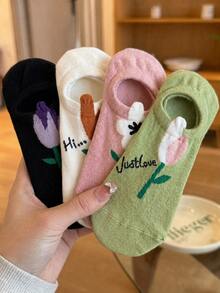 5/4 Pairs Women's Multi-Color Combination, Floral Tulip, Spring/Summer Versatile Style, Knitted Breathable Fabric, Fashionable Japanese Fresh Style Invisible Boat Socks, Home, Commute, Party, Sports, School, Holiday Gift - Multicolor - View 4