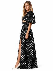 Women's Polka Dot Puff Sleeve Cut Out Top And Maxi Skirt Two Piece Set - 黑色 - 查看 2
