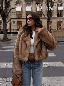 Women's Winter New Vintage Luxury Fashion Elegant Faux Fur Collar Coat - Brown - View 8
