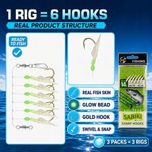3 Packs Sabiki Fishing Rigs, 18 Hooks Real Fish Skin Bait Rigs With Glow Beads & Sharp Hooks For Mackerel Sardine Saltwater Fishing - Beige - View 2