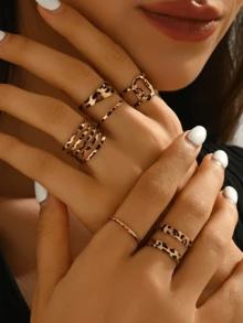 5pcs Fashionable Elegant Vintage Personalized Sexy Line Leopard Print Design Open Ring Set, Suitable For Women's Daily Wear - Multicolor - View 2