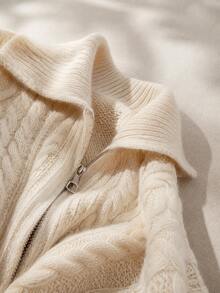 Winter White Cable Knit Zip-Up Cardigan Jacket With Turn-Down Collar And Long Sleeves, Suitable For Christmas And Daily Wear Vacation - White - View 7