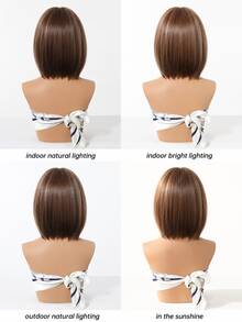 10 Inch Brown And Ash Brown Bob Wigs For Women, Short Straight Layered Synthetic Hair Wigs With Full Bangs And Natural Highlights, Soft Heat Resistant Fiber, Easy Wear For Daily Work, Office, School, Halloween, Cosplay, Retro Parties And Date Night - Multicolor - View 4