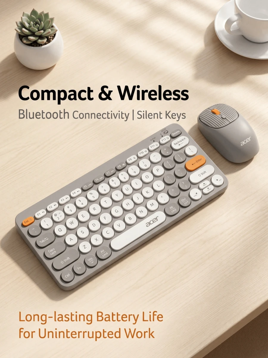 Acer OKR250 Kombo Keyboard dan Mouse Nirkabel Ultra Tipis: Koneksi Bluetooth 5.0 Dual-mode, Dapat Diisi Ulang, Kombinasi Keyboard dan Mouse Senyap, Portabel untuk Laptop dan Penggunaan Kantor, Daya Tahan Baterai Lama, Kebisingan Rendah, Perangkat Tambahan Komputer Rumah