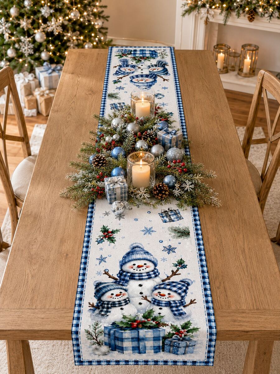 1pc-Christmas Table Runner Blue Snowman Winter Holiday Decor, Buffalo Plaid Snowflake Table Runner For Dining Table, Farmhouse Xmas Table Linen, Rustic Christmas Centerpiece Runner For Kitchen, Coffee Table, Party Decoration, Holiday Home Decor - Multicolor - View 1