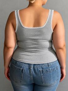 Plus Size Women Ribbed Knit Camisole, Lace Trim Decor, Slim Fit Layering Or Outerwear - Grey - View 3