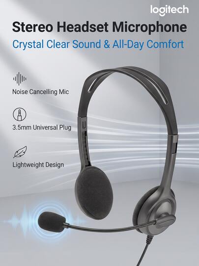 Logitech H111 Auriculares con micrófono estéreo 3.5 mm con cable, auriculares de diadema, ideales para atención al cliente y call center