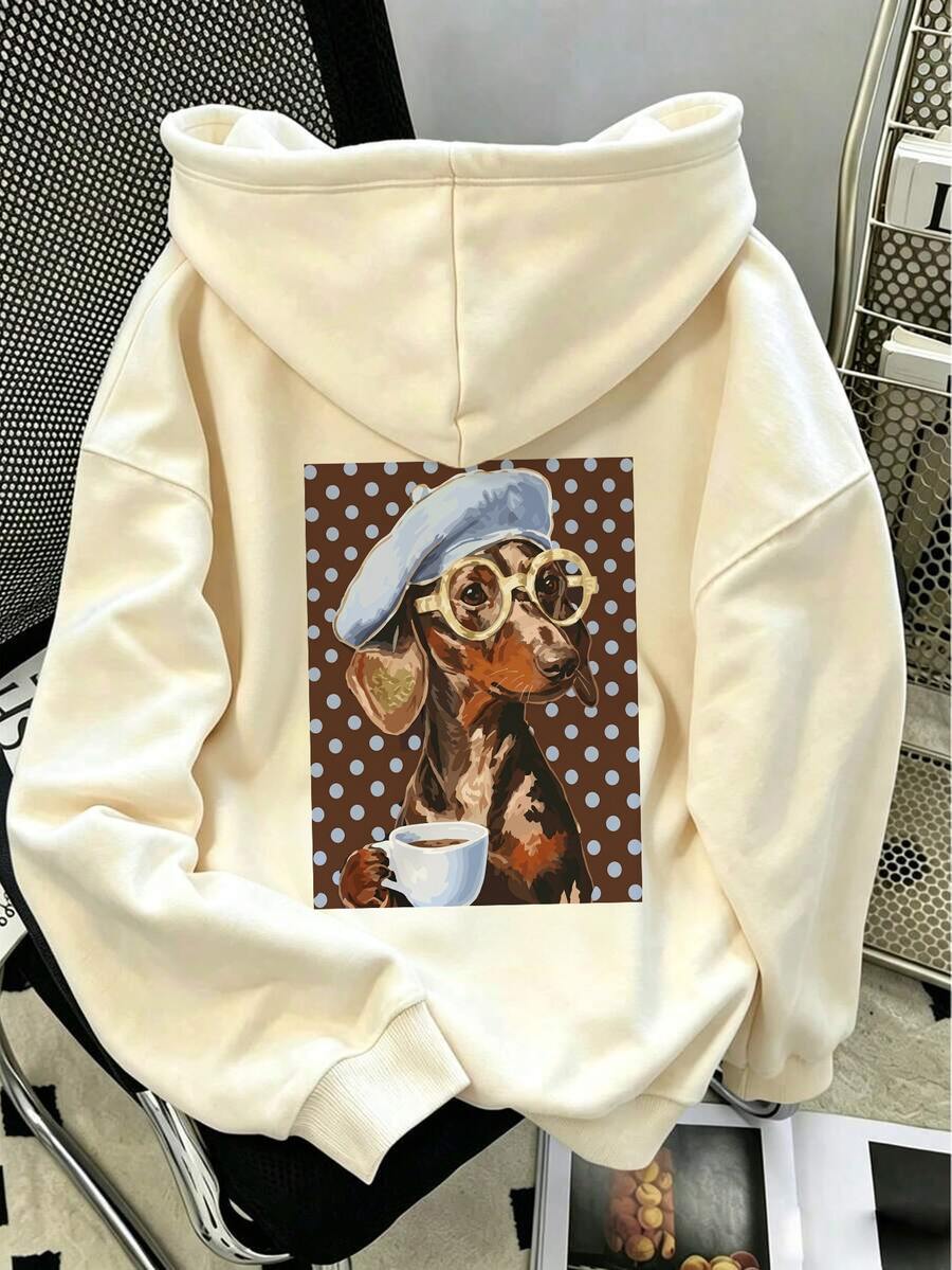 1pc Women's Cream Loose Hooded Sweatshirt, Drawstring Pocket Long Sleeve, Back Spotted Dachshund Coffee Polka Dot Pattern Sweatshirt - Apricot - View 1