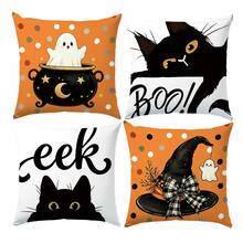 4pcs Halloween Cute Black Cat & Ghost Pattern Pillow Covers, Single-Sided Printed Skin-Friendly Peach Skin Velvet Material, 45*45CM Throw Pillow Covers Suitable For Room Decor, Indoor Sofa Living Room Decor, Party Decoration, Decorative Pillow Covers Gift - Multicolor - View 8
