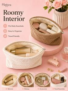 Tas Kosmetik Minimalis dengan Tekstur Anyaman, Kantong Penyimpanan Portabel dengan Resleting, Cocok untuk Kosmetik, Pembalut Wanita, dan Barang-Barang Kecil - Berbagai gaya - View 4