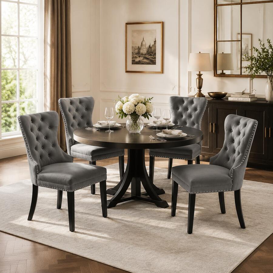 Dining Chair Set Of 4 Grey Velvet - Oak Frame - 灰色 - 查看 1