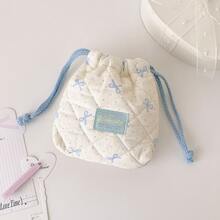 1pc Bow Polka Dot Quilted Drawstring Storage Bag, Soft Cotton Portable Cosmetic Makeup Pouch, Sweet Pastel Color Small Organizer Bag, Multi-Use Camera Jewelry Sundries Carry Bag For Travel Daily Girl Accessories Storage, Back To School - Storage Bag - View 9