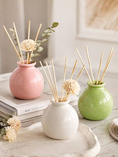 Jarrón Difusor de Caña Redondo Minimalista Wabi Sabi, Contenedor de Fragancia Pequeño Verde Pastel Brillante Rosa Blanco, Botella de Aroma con Varillas de Ratán de Doble Uso & Soporte para Flores Secas Pequeñas, Decoración Ins Crema para Dormitorio Baño Cafetería Casa de Huéspedes Regalo