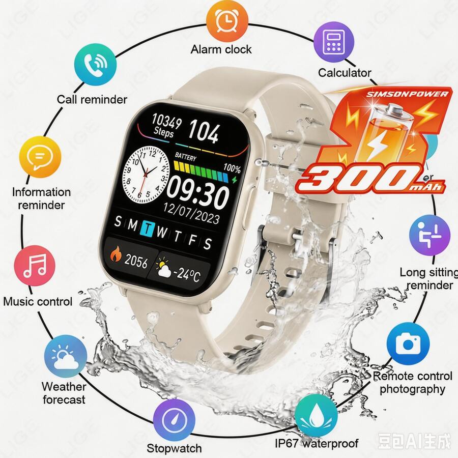 Simson Power 300mAh Neutral Style HD Full Screen Soft Silicone Strap Wireless Call Multi-Sport Mode Message Reminder Fitness Tracking Music Control Remote Camera Control Sports Smartwatch, Suitable For Men And Women