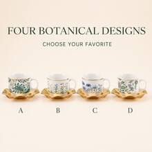 12-Piece Vintage Floral Ceramic Cup Set, 6 Floral Print Porcelain Mugs With 6 Gold Wavy Metal Cup Holders, Elegant Gold-Rimmed Tea Cups Coffee Cups, Afternoon Tea Table Decor Service Set, Suitable For 6 People - White - View 4