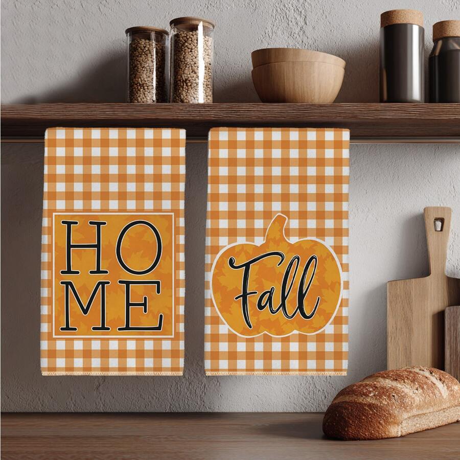 2pcs Autumn Orange & White Plaid Pumpkin Silhouette Pattern Kitchen Towels, 40*60cm Soft Microfiber Tea Towels, Suitable For Home Kitchen Restaurant Outdoor Camping Tabletop Cleaning Dish Cloth Hand Towel Accessories HOME Fall Text Kitchen Towels Holiday Gift - Multicolor - View 1