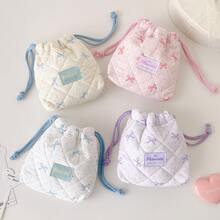 1pc Bow Polka Dot Quilted Drawstring Storage Bag, Soft Cotton Portable Cosmetic Makeup Pouch, Sweet Pastel Color Small Organizer Bag, Multi-Use Camera Jewelry Sundries Carry Bag For Travel Daily Girl Accessories Storage, Back To School - Storage Bag - View 5