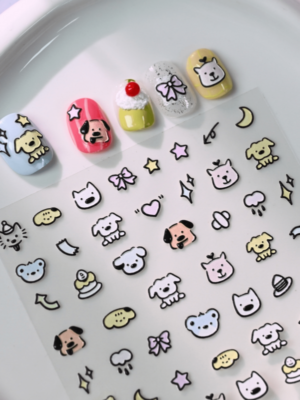 1 Sheet Cute Cartoon Animal Nail Art Stickers, Kawaii Dog Cat Bear Star Bow Nail Decals, Easy Self Adhesive Lovely Animal Pattern Nail Art Decorations For DIY Manicure