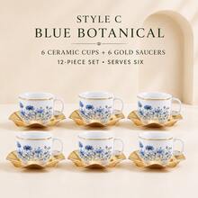 12-Piece Vintage Floral Ceramic Cup Set, 6 Floral Print Porcelain Mugs With 6 Gold Wavy Metal Cup Holders, Elegant Gold-Rimmed Tea Cups Coffee Cups, Afternoon Tea Table Decor Service Set, Suitable For 6 People - White - View 14