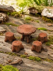 Mini Tree Stump Table And Stool Set 5pcs, Rustic Forest Style Miniature Furniture Decor, Natural Wood Grain Fairy Garden Accessories, Mini Forest Scene Display, Suitable For Desktop, Bookshelf, Home Decor And DIY Micro Landscape - Multicolor - View 5