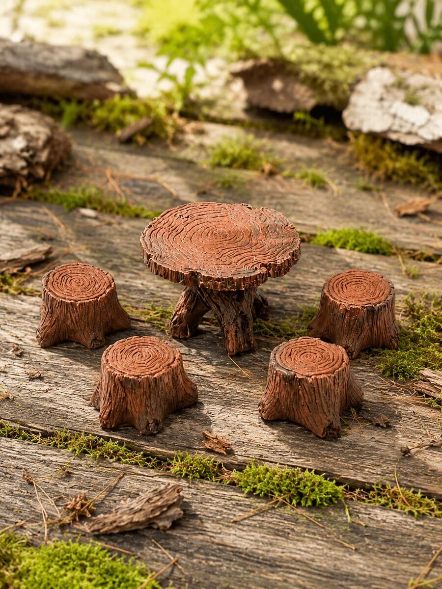 Mini Tree Stump Table And Stool Set 5pcs, Rustic Forest Style Miniature Furniture Decor, Natural Wood Grain Fairy Garden Accessories, Mini Forest Scene Display, Suitable For Desktop, Bookshelf, Home Decor And DIY Micro Landscape - Multicolor - View 1