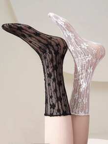 1/5 Pairs Summer Thin Multicolor Mesh Sweet Floral Lolita Mid-Calf Socks - Multicolor - View 3