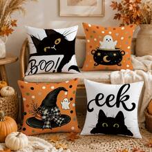 4pcs Halloween Cute Black Cat & Ghost Pattern Pillow Covers, Single-Sided Printed Skin-Friendly Peach Skin Velvet Material, 45*45CM Throw Pillow Covers Suitable For Room Decor, Indoor Sofa Living Room Decor, Party Decoration, Decorative Pillow Covers Gift - Multicolor - View 7