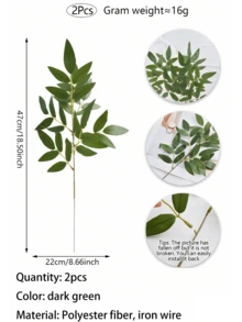 2 件仿真植物，18.5 英寸仿真叶片，黑绿色竹叶，适用于插花、婚礼花束、花环、家居装饰、花瓶填充、情人节、礼品、毕业典礼等场合。 - 2Pcs墨綠色 - 查看 3
