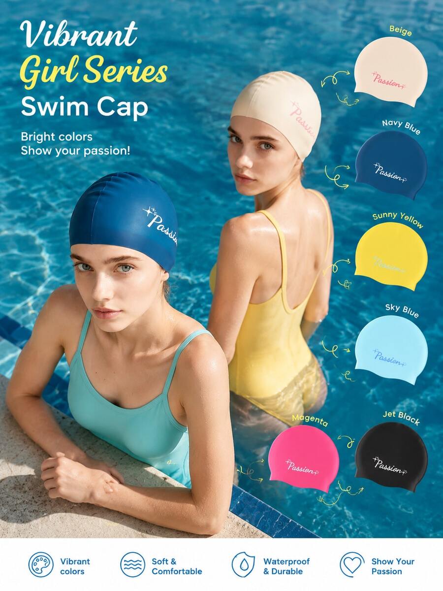 Yuke 1pc Passion Letter Sparkle Star Print Silicone Swim Cap, High Stretch Waterproof Ear Protection Anti-Slip Bathing Cap, Comfort Non-Slip Swimming Hat For Women Long Hair Pool Beach Sports