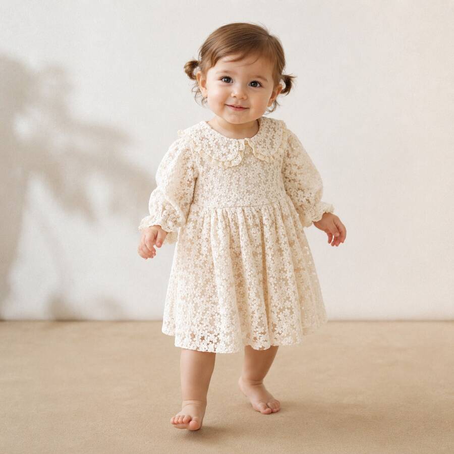 1pc Girls Embroidered Mesh Ruffle Collar Dress, Elegant Formal Short Sleeve Frock For Toddler & Little Girls, Suitable For Party, Birthday, Wedding - Apricot - View 1