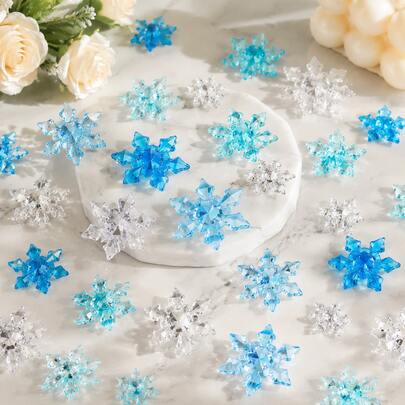 60/120pcs Blue & White Acrylic Snowflake Vase Fillers, Large Snowflake Shaped Decorative Fillers, Transparent Crystal-Like Winter Decor, Suitable For Tabletop Scatter, Wedding Centerpiece, Home Decor, Party Decoration And DIY Crafts