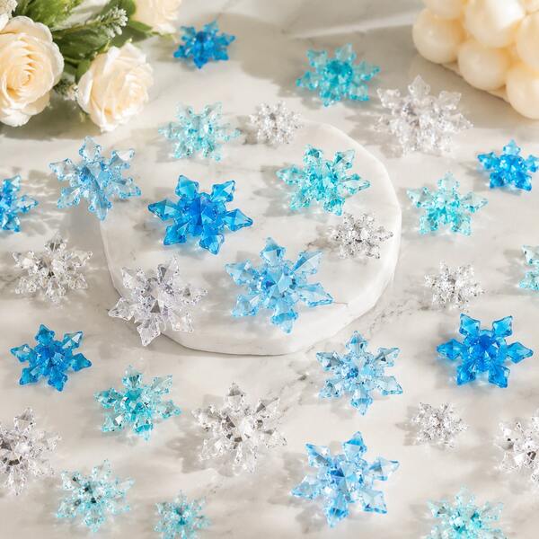 60/120pcs Blue & White Acrylic Snowflake Vase Fillers, Large Snowflake Shaped Decorative Fillers, Transparent Crystal-Like Winter Decor, Suitable For Tabletop Scatter, Wedding Centerpiece, Home Decor, Party Decoration And DIY Crafts