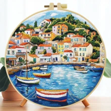 1PC 20*20cm/7.9*7.9in,Houses On Islands Embroidery Kit, DIY Handmade Embroidery Set For Adult Beginners, Home Gift, Women's Sewing Gift, Including User Manual, Printed Pattern Fabric, Embroidery Frame, Needle And Thread. - Seaside Town - View 12