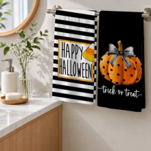 萬聖節廚房抹布套組 (2件裝)，黑色「Trick Or Treat」南瓜條紋餐巾布，乾式洗碗布，農舍風居家裝飾 - 彩色 - 查看 10