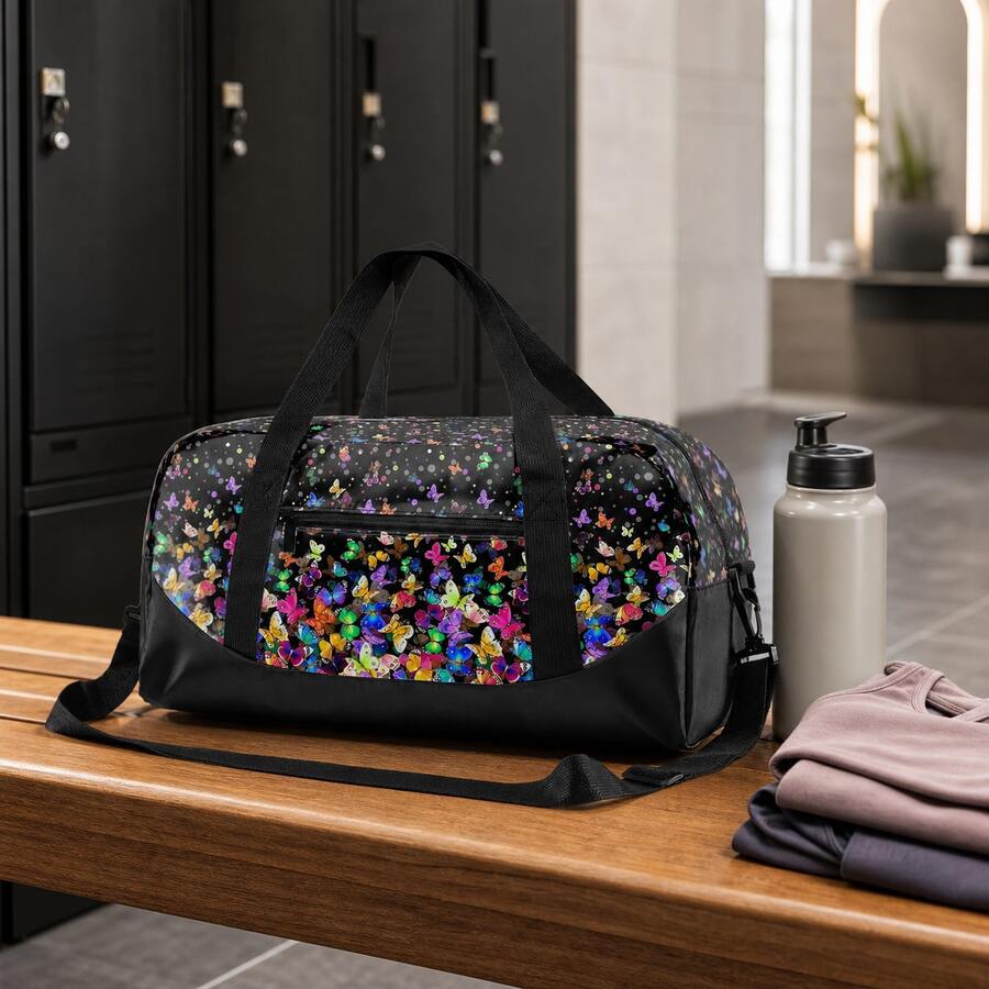 Colorful Butterfly Print Duffle Travel Bag For Girls And Kids, Black Zip Carryall With Top Handles, Shoulder Strap And Front Pocket For Weekend Trips - BUTTERFLY-19 - View 1